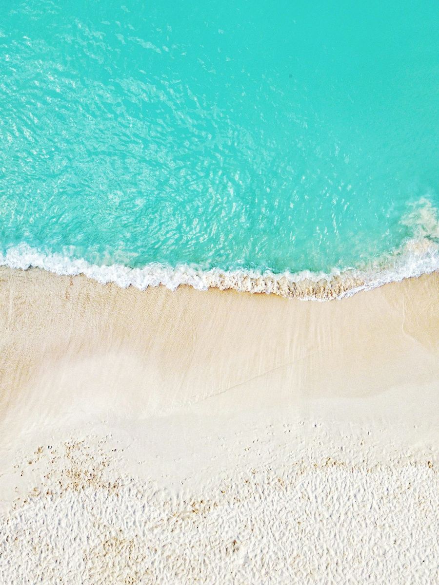 Aerial view of white sand and turquoise water along a palm-lined beach